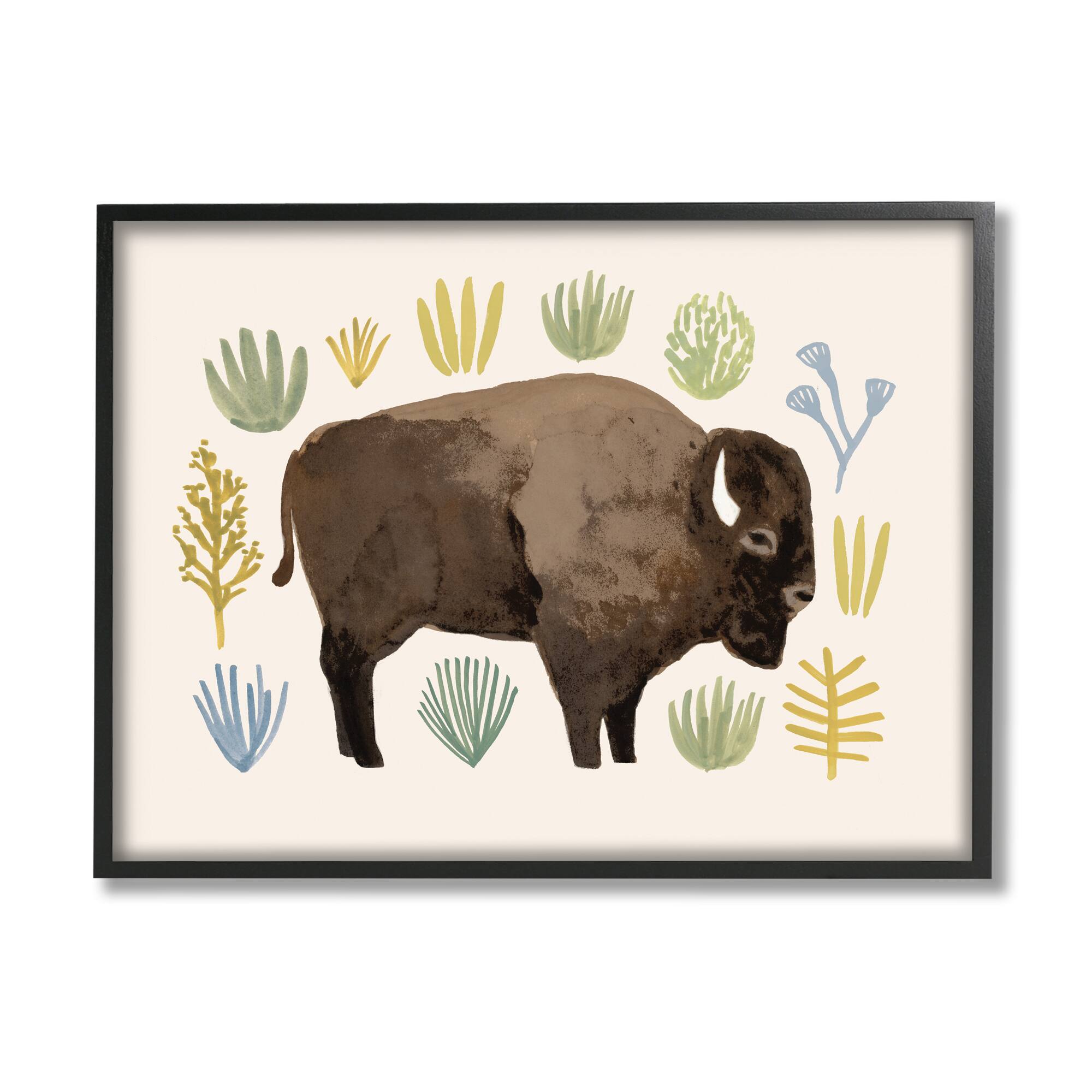 Stupell Industries Terracotta Green Yellow Plants Brown Horned Buffalo in Frame Wall Art
